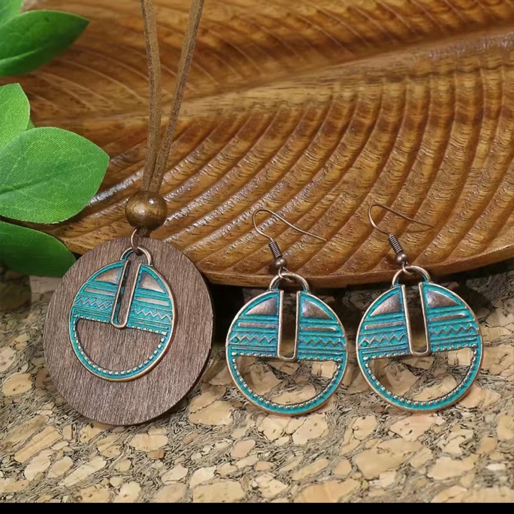 3pack Ancient Folk Wooden Round Plus Geometric Ancient Copper Layered Charm
